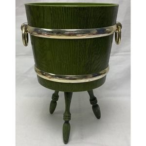 Retro 70’s Plant Barrel Bucket MCM Planter Avocado Green Max Klein Faux Wood